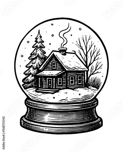 Snow Globe Featuring a House and Evergreen Tree in Black and White Illustration