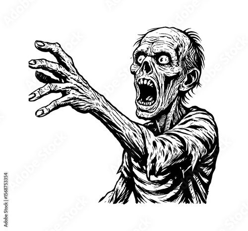 A scary Zombie is reaching out with open mouth in engraving illustration style