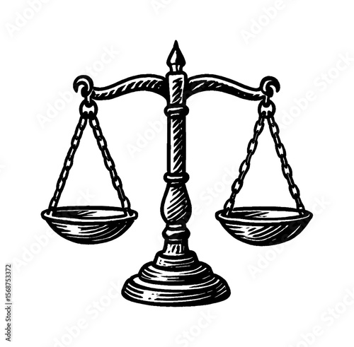 Black and White Engraved Illustration of Scales of Justice Symbol