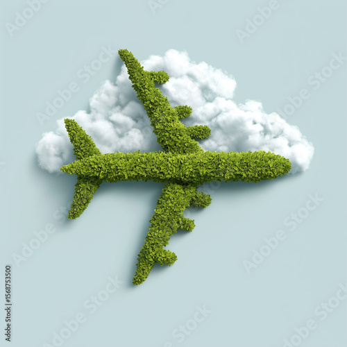 Sustainable Aviation Fuel biofuel aviation environment. SAF. Renewable industry. Emission future. Flying aircraft through cloud formations resembling leaves