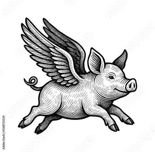Flying Pig with Wings Black and White Engraving Style Illustration Isolated on White Background