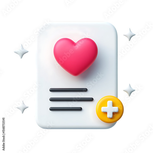 3D health record icon, with heart and plus, symbolizing digital medical data, personal wellness, and comprehensive care.