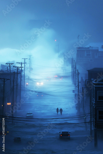 Climate whiplash temperature impact. Extreme environment. Weather disaster. Coastal city under snowstorm and hurricane threat