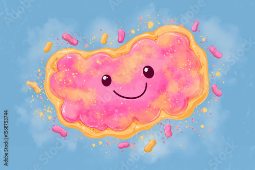Resistant starch. Friendly cartoon gut character smiling with healthy bacteria illustration.