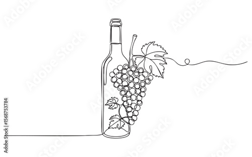 Wine Bottle and Grapes one continuous line drawing vector illustration

