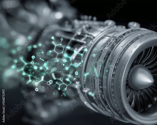 Sustainable Aviation Fuel biofuel aviation environment. SAF. Renewable industry. Emission future. Jet engine with digital overlay of carbon molecules visualization