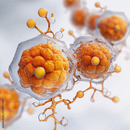 Leptin. Leptin molecules interacting with cell receptors in biological imagery.