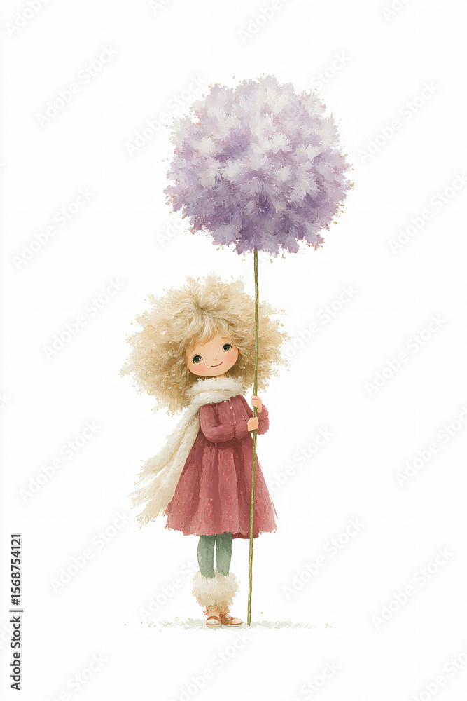 Fototapeta premium Whimsical Girl Portrait Flower Fashion Illustration Colorful Springtime Art Cute Children Playful Dress Pastel Joyful Smile Lively Dreamy Floral Nature Blooming Cheerful Magical 
