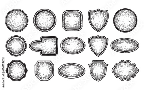 Collection of Vintage Blank Textured Badges Vector Engraving Set