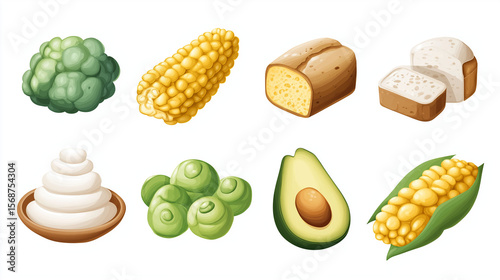 Resistant starch. A collection of vector food icons featuring resistant starch options.