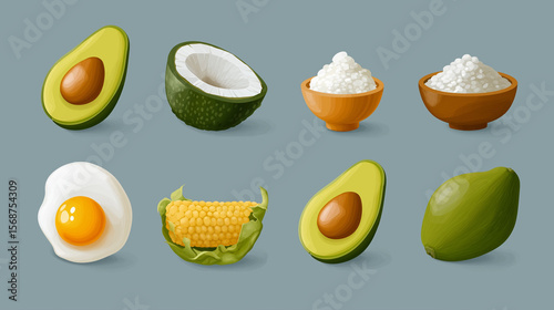 Resistant starch. Food icon set featuring various foods high in resistant starch.