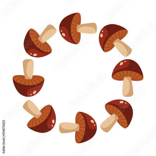 Frame in the form of a mushroom circle. Round frame of autumn mushrooms with brown cap. Vector drawing on a white background.