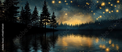 A serene lake reflects pine trees and a star-filled night sky glowing with warm, golden light on the horizon.