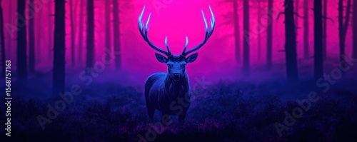 A majestic deer stands in a neon-lit forest, surrounded by purple mist and tall trees, creating a surreal and mystical atmosphere.