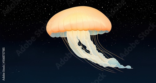 A glowing jellyfish floats gracefully against a dark, starry background, creating a serene and mystical underwater scene.