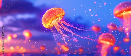 Glowing jellyfish drift gracefully underwater with vibrant colors against a dreamy blue and purple background.