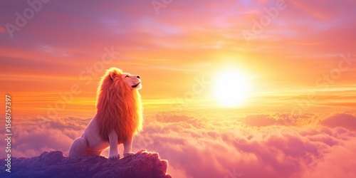 A majestic lion stands on a rocky cliff above the clouds, facing a vibrant sunrise in a colorful sky.