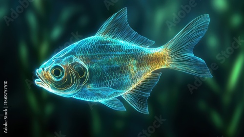 A glowing, digital-style fish with transparent features swims in a dark, underwater environment with blurred aquatic plants.