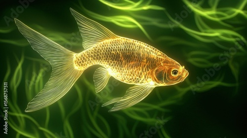 A glowing, digital illustration of a goldfish swims against a vibrant green, abstract background.
