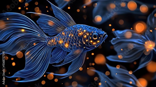 A glowing, artistic goldfish swims in a dark, abstract water scene with vibrant blue lines and orange light orbs.
