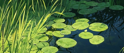 Green lily pads float on a calm pond surrounded by tall grass, reflecting nature