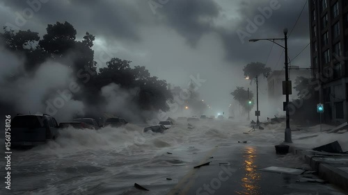 Catastrophic flood in abandoned city at night 4K footage