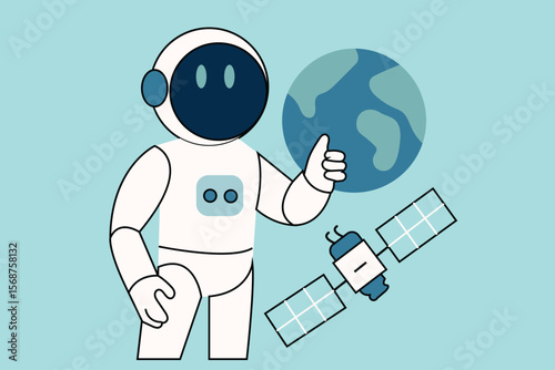 Futuristic robot astronaut alongside Earth and a satellite, symbolizing advanced space exploration and global communication technology.