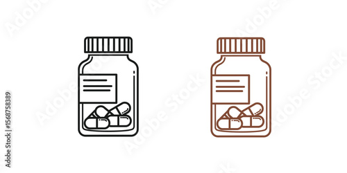  vector icon of a pill bottle with capsules, representing prescription, medication, or pharmacy."