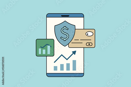 Secure mobile banking app ensuring financial protection and investment growth through online transactions and data security.