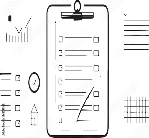 A minimalist presentation of a clipboard with checklist, calendar, and chart icons on white surface
