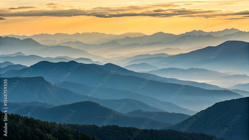 Fototapeta premium Majestic mountain range silhouette layered with atmospheric haze during a vibrant golden sunrise sky