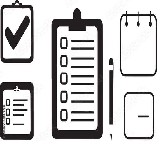 A flat lay of planning and organization icons including checklists, calendar, and a pencil on a grey surface