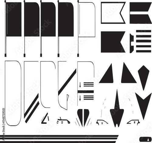 A collection of various flag designs and geometric shapes in black and white minimalist style art work