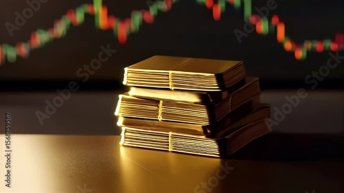 Golden bars against stock market background, investment and finance concept