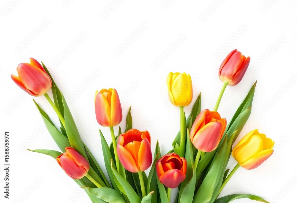 Obraz premium Vibrant spring tulips in creative arrangement against pure white backdrop, studio shot, artistic