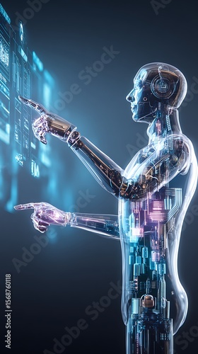 Transparent robot interacts with a digital interface.