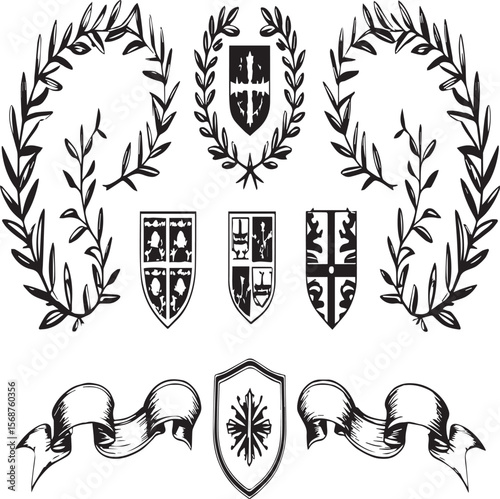 Collection of heraldic elements with shields wreaths and ribbons in black and white design style