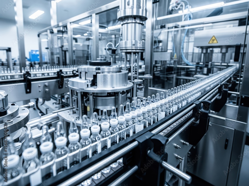 Naklejka premium Glass vials moving along pharmaceutical production line, sterile environment with high-tech automation ensures safe, consistent medicine filling process