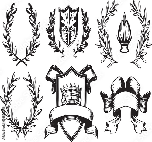 Collection of black and white heraldic elements including wreaths shields and banners on a white background