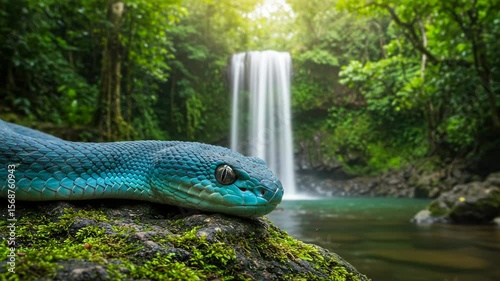 Vibrant Blue Snake Resting on Mossy Rock with Waterfall Backdrop in Lush Rainforest Environment