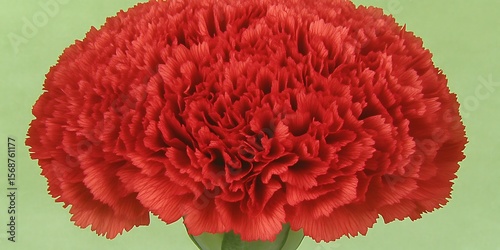 Crimson carnation blossom reveals intricate petal layering on light backdrop
