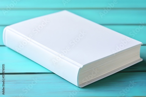 Crisp white book lying atop a textured turquoise painted wooden surface