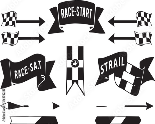 Various racing themed design elements including checkered flags banners and arrows on a white background