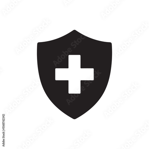 Medical Cross in Shield, Immune System Solid Flat Vector Icon Isolated on White Background.
