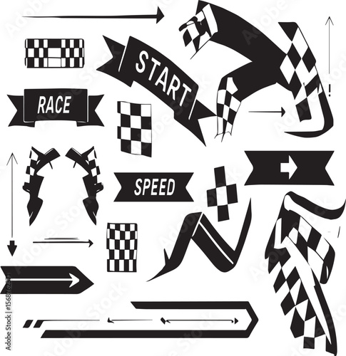 Assorted black and white racing themed graphics including flags banners and directional arrows on white