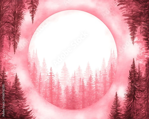 Pink and white forest scene with a large moon.