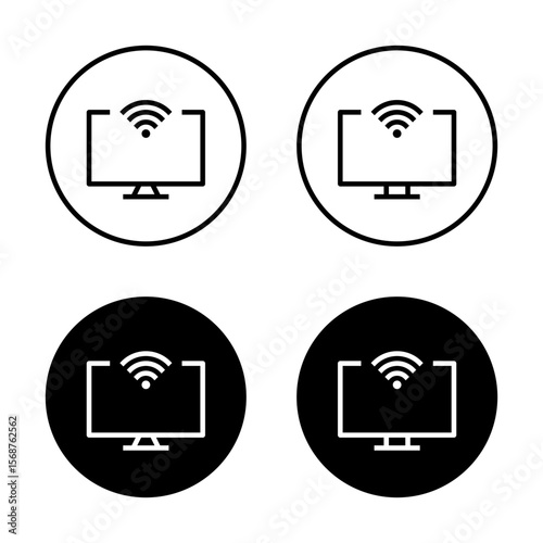 Computer monitor icon with wifi signal. Wireless internet connection symbol on modern desktop screen in black circle