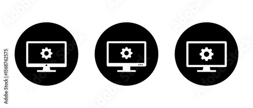 Desktop monitor icon with gear symbol. Computer settings and system configuration concept in black circle