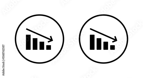 Decline bar chart with downward trend arrow icon. Decrease, loss, and financial crisis sign symbol inside circular outline