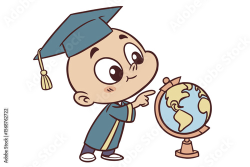 Vector cute Baby Boy cartoon character, with a thoughtful gaze and a finger on his chin, wearing a little professor's gown and holding a small globe, in an intelligent, charming style, isolated on whi